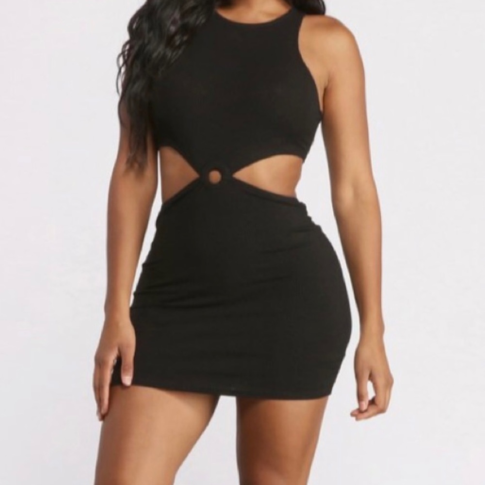 Black Sleeveless Cut Out O-Ring Ribbed Dress